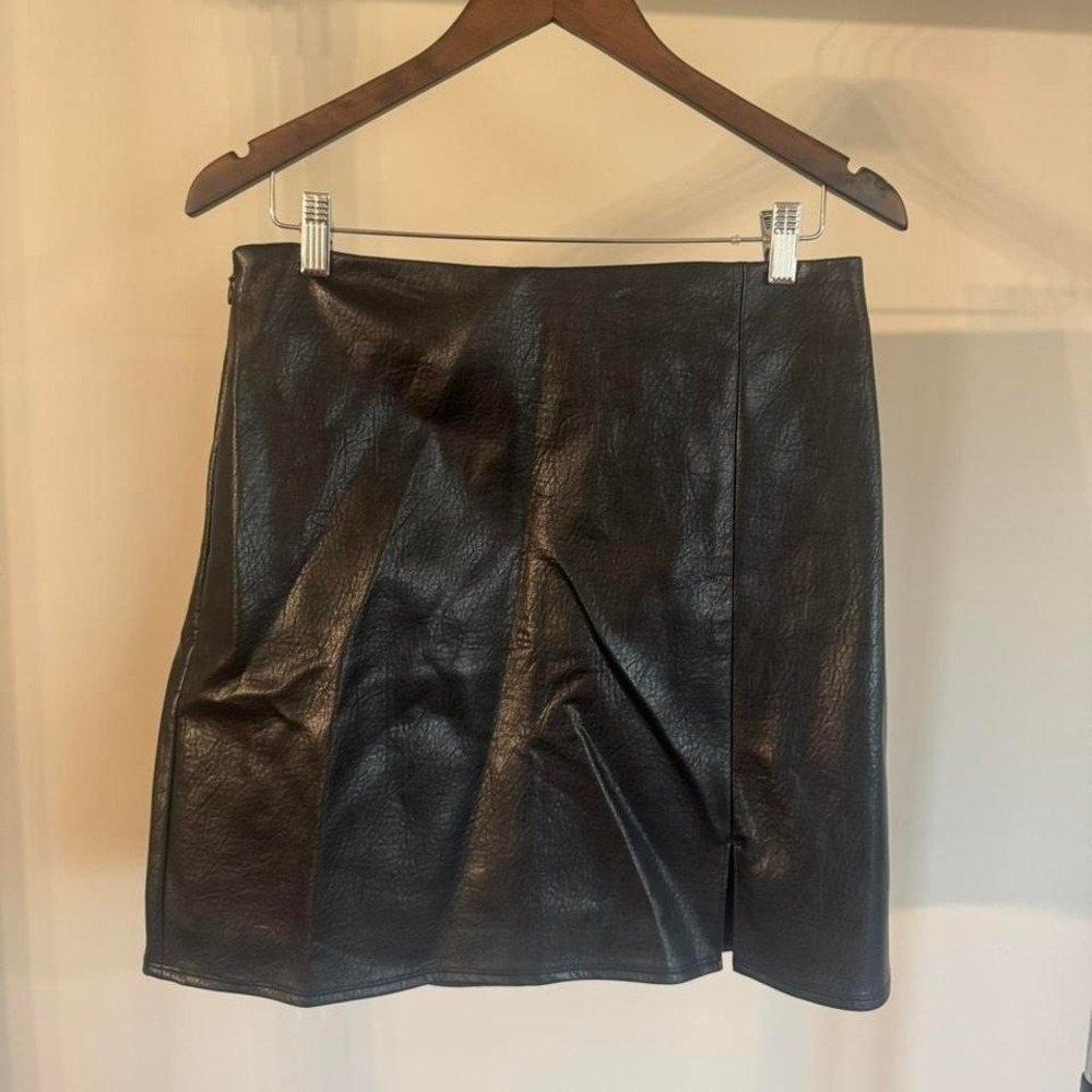 Black Faux Leather Mini Skirt With Side Slit